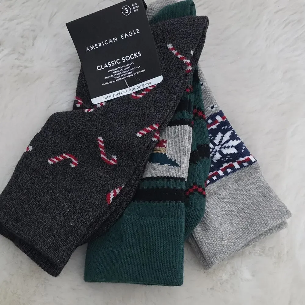 American Eagle Mens 3 Pack Holiday Socks Candy Cane Fair Isle Arch Support NWT